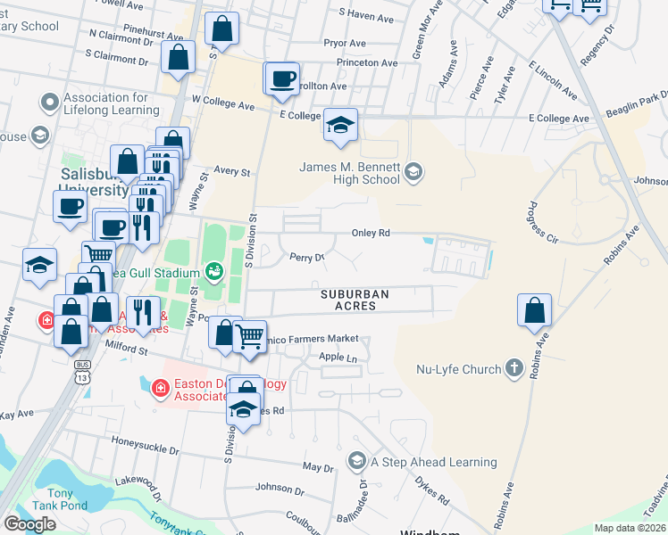 map of restaurants, bars, coffee shops, grocery stores, and more near 113 Hall Drive in Salisbury