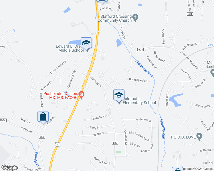 map of restaurants, bars, coffee shops, grocery stores, and more near 1025 Thomas Jefferson Place in Fredericksburg