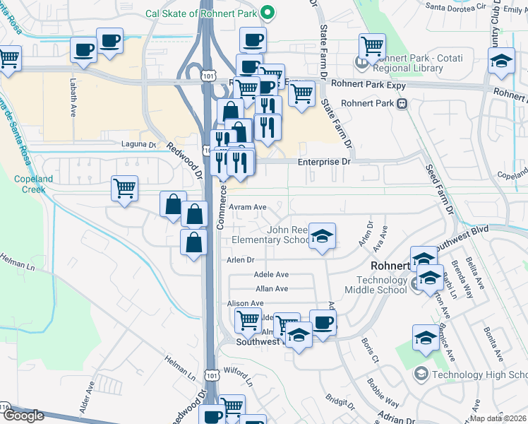 map of restaurants, bars, coffee shops, grocery stores, and more near 181 Avram Avenue in Rohnert Park