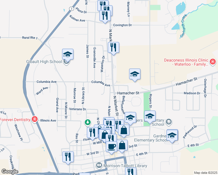 map of restaurants, bars, coffee shops, grocery stores, and more near 275 North Main Street in Waterloo