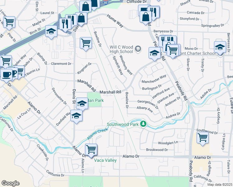 map of restaurants, bars, coffee shops, grocery stores, and more near 835 Marshall Road in Vacaville