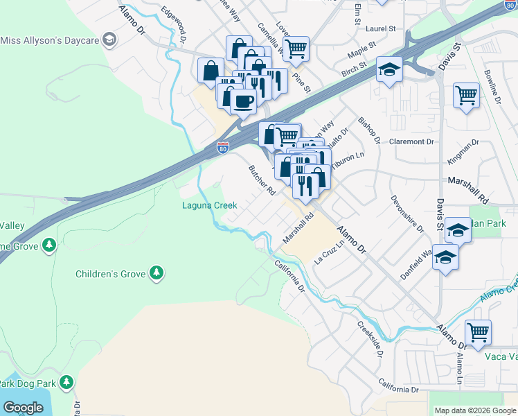 map of restaurants, bars, coffee shops, grocery stores, and more near 207 Bianco Court in Vacaville