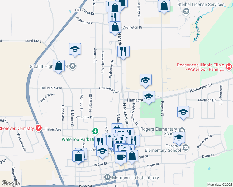 map of restaurants, bars, coffee shops, grocery stores, and more near 275 North Main Street in Waterloo