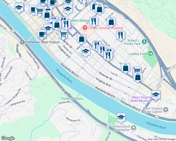 map of restaurants, bars, coffee shops, grocery stores, and more near 104 Bradford Street in Charleston