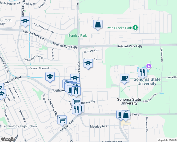 map of restaurants, bars, coffee shops, grocery stores, and more near 5450 Snyder Lane in Rohnert Park
