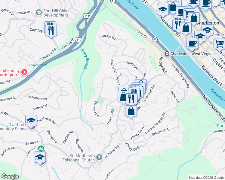 map of restaurants, bars, coffee shops, grocery stores, and more near 1005 Locust Road in Charleston