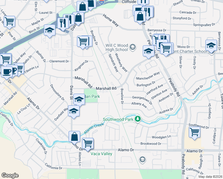 map of restaurants, bars, coffee shops, grocery stores, and more near 829 Marshall Road in Vacaville