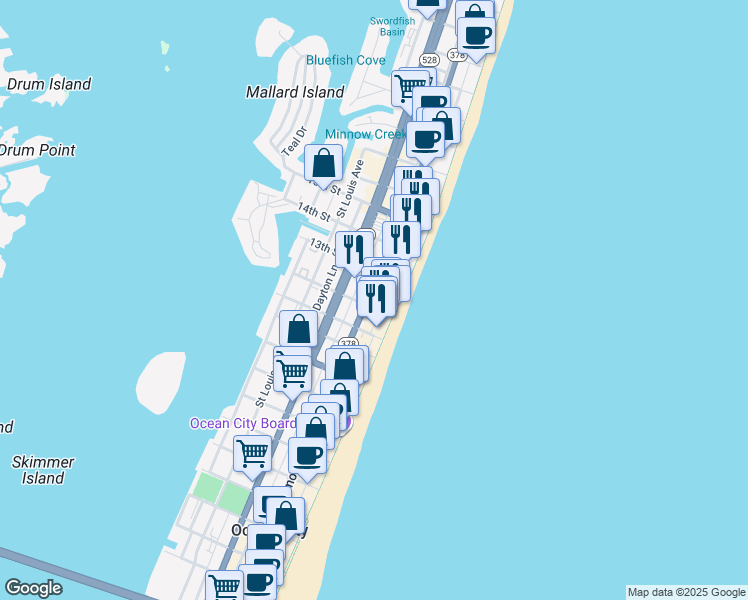 map of restaurants, bars, coffee shops, grocery stores, and more near 3 13th Street in Ocean City