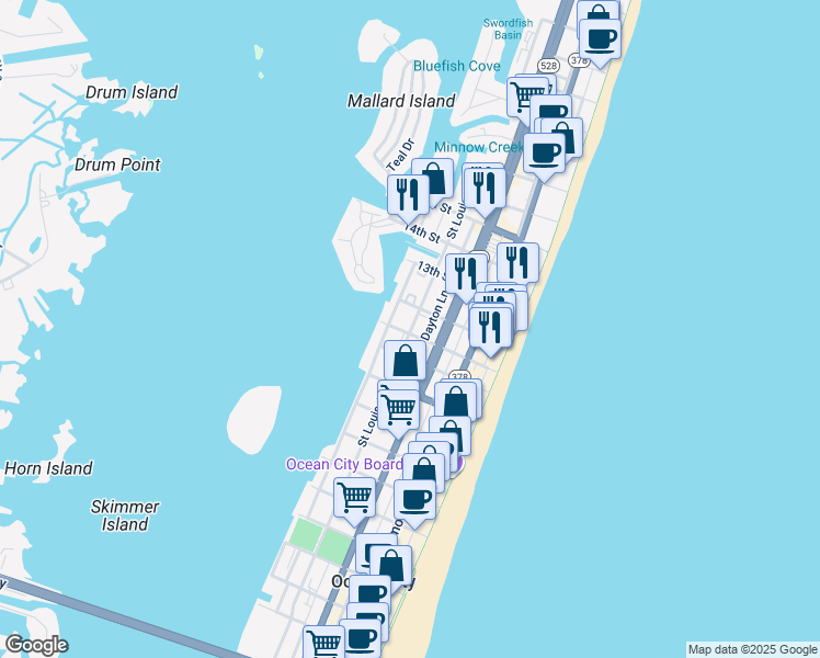 map of restaurants, bars, coffee shops, grocery stores, and more near 204 12th Street in Ocean City