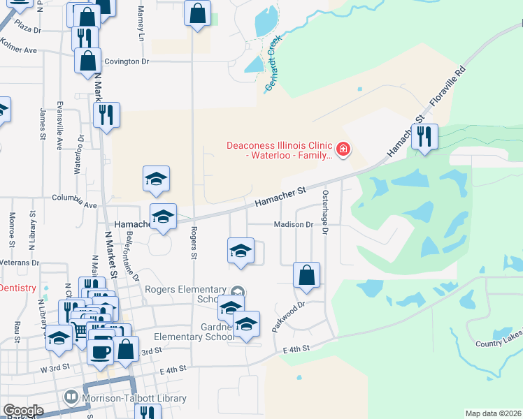 map of restaurants, bars, coffee shops, grocery stores, and more near 244 County Highway 2 in Waterloo