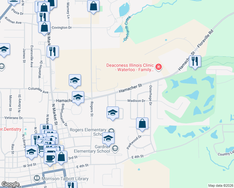 map of restaurants, bars, coffee shops, grocery stores, and more near 244 County Highway 2 in Waterloo