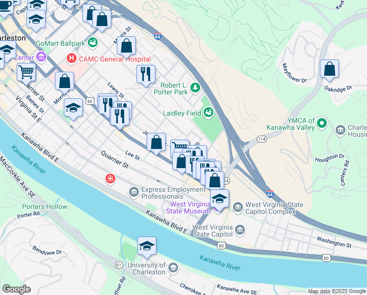 map of restaurants, bars, coffee shops, grocery stores, and more near 522 1/2 Dixie Street in Charleston