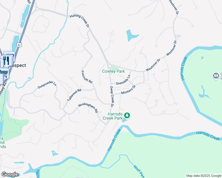 map of restaurants, bars, coffee shops, grocery stores, and more near 6512 Deep Creek Drive in Prospect
