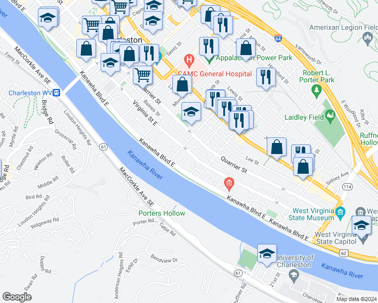 map of restaurants, bars, coffee shops, grocery stores, and more near 1404 Virginia Street East in Charleston