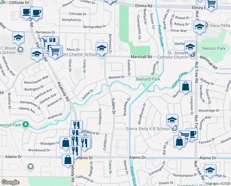 map of restaurants, bars, coffee shops, grocery stores, and more near 637 Princeton Court in Vacaville