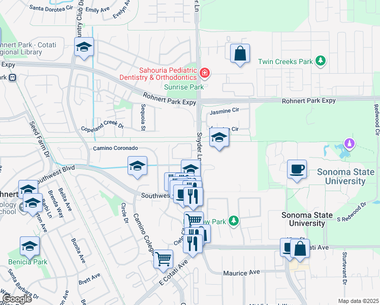 map of restaurants, bars, coffee shops, grocery stores, and more near 5425 Snyder Lane in Rohnert Park