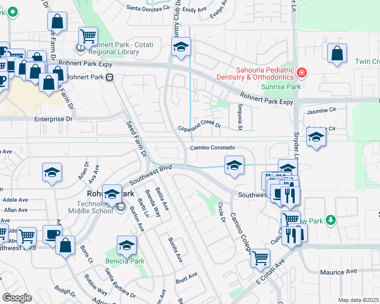 map of restaurants, bars, coffee shops, grocery stores, and more near 962 Camino Coronado in Rohnert Park