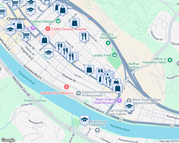 map of restaurants, bars, coffee shops, grocery stores, and more near 1548 Jackson Street in Charleston