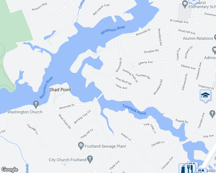 map of restaurants, bars, coffee shops, grocery stores, and more near 1507 Riverside Drive in Salisbury