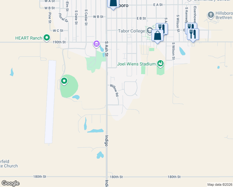 map of restaurants, bars, coffee shops, grocery stores, and more near Willow Road in Hillsboro