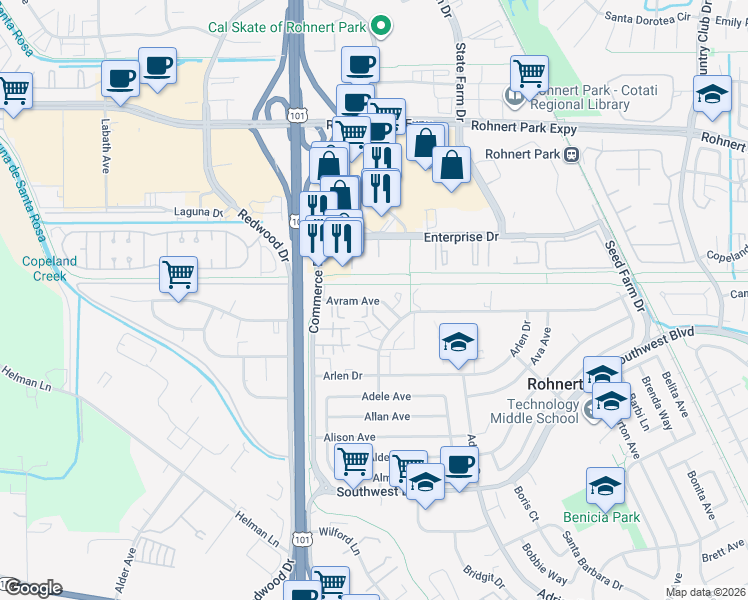 map of restaurants, bars, coffee shops, grocery stores, and more near in Rohnert Park