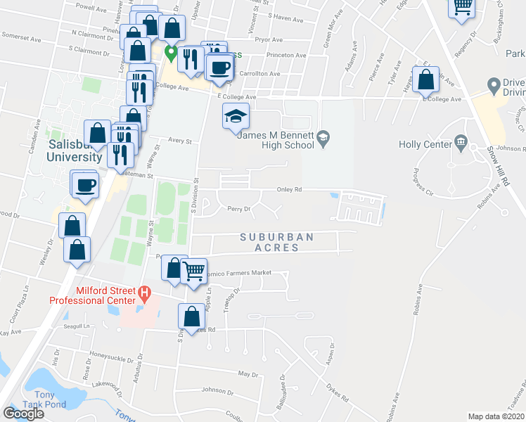 map of restaurants, bars, coffee shops, grocery stores, and more near 1306 Spruell Drive in Salisbury