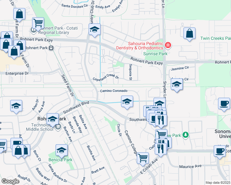 map of restaurants, bars, coffee shops, grocery stores, and more near 1015 Camino Coronado in Rohnert Park