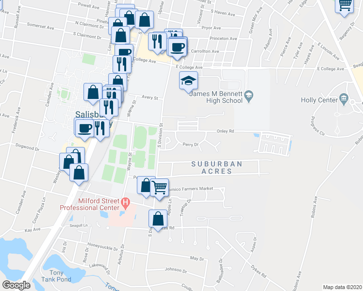 map of restaurants, bars, coffee shops, grocery stores, and more near 122 Perry Drive in Salisbury