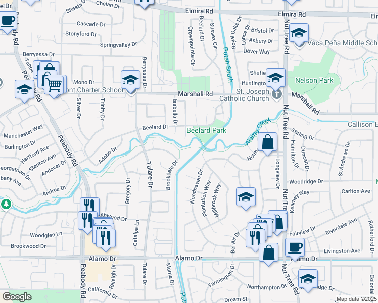 map of restaurants, bars, coffee shops, grocery stores, and more near 637 Mathews Court in Vacaville