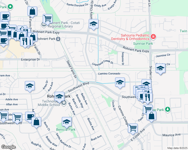 map of restaurants, bars, coffee shops, grocery stores, and more near 810 Carlita Circle in Rohnert Park