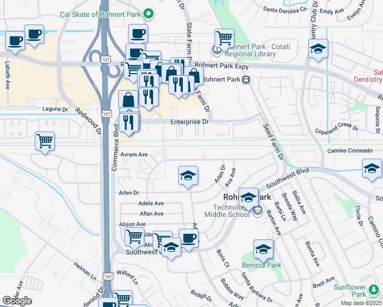 map of restaurants, bars, coffee shops, grocery stores, and more near 420 Santa Alicia Drive in Rohnert Park