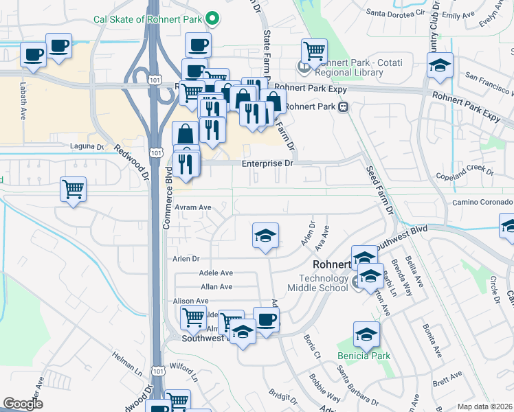 map of restaurants, bars, coffee shops, grocery stores, and more near 400 Santa Alicia Drive in Rohnert Park