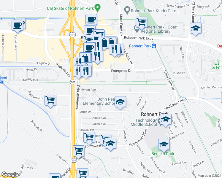 map of restaurants, bars, coffee shops, grocery stores, and more near 261 Enterprise Drive in Rohnert Park