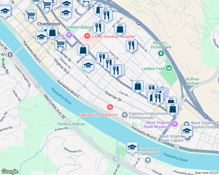 map of restaurants, bars, coffee shops, grocery stores, and more near 1429 Lee Street East in Charleston