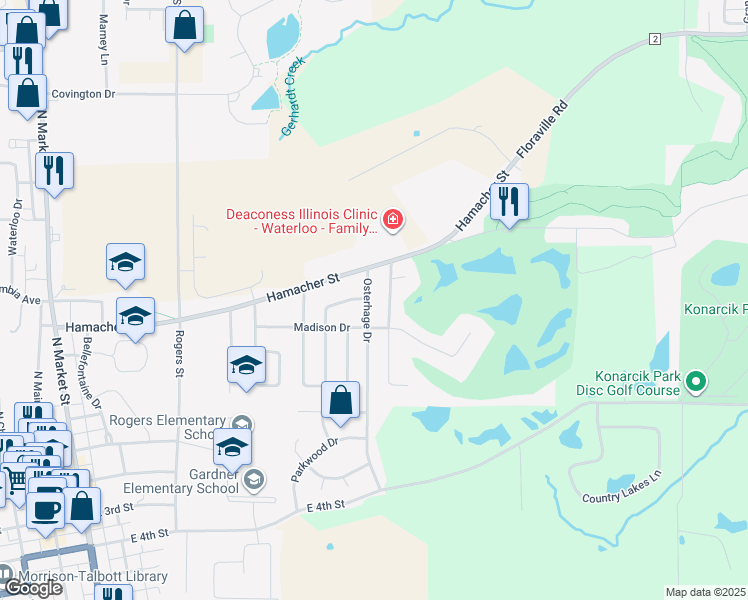 map of restaurants, bars, coffee shops, grocery stores, and more near 102 Osterhage Drive in Waterloo