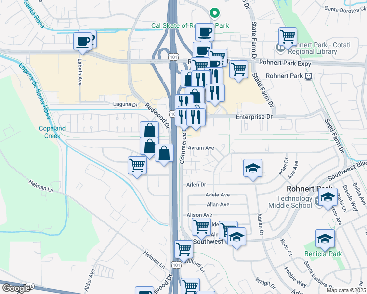 map of restaurants, bars, coffee shops, grocery stores, and more near Commerce Boulevard & Avram Avenue in Rohnert Park