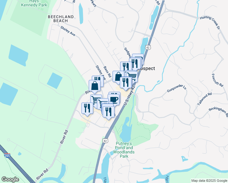 map of restaurants, bars, coffee shops, grocery stores, and more near Beech Avenue in Louisville