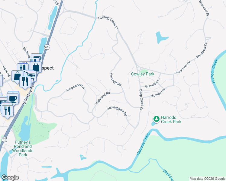 map of restaurants, bars, coffee shops, grocery stores, and more near 6706 Foxcroft Road in Prospect