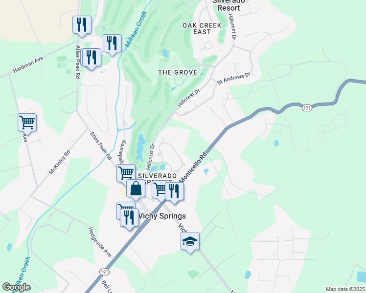 map of restaurants, bars, coffee shops, grocery stores, and more near 2112 Monticello Road in Napa
