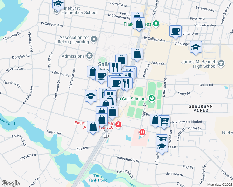 map of restaurants, bars, coffee shops, grocery stores, and more near 1306 South Salisbury Boulevard in Salisbury