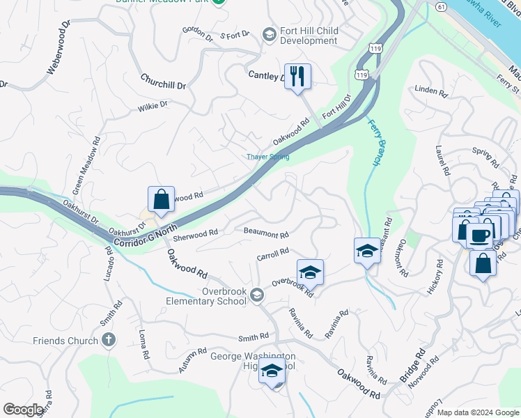map of restaurants, bars, coffee shops, grocery stores, and more near 117 U.S. 119 in Charleston