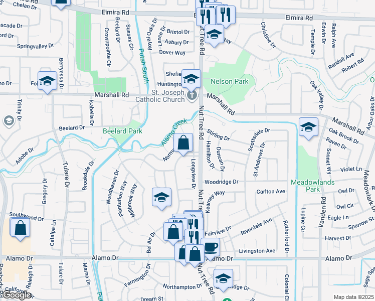 map of restaurants, bars, coffee shops, grocery stores, and more near 106 Normandy Drive in Vacaville