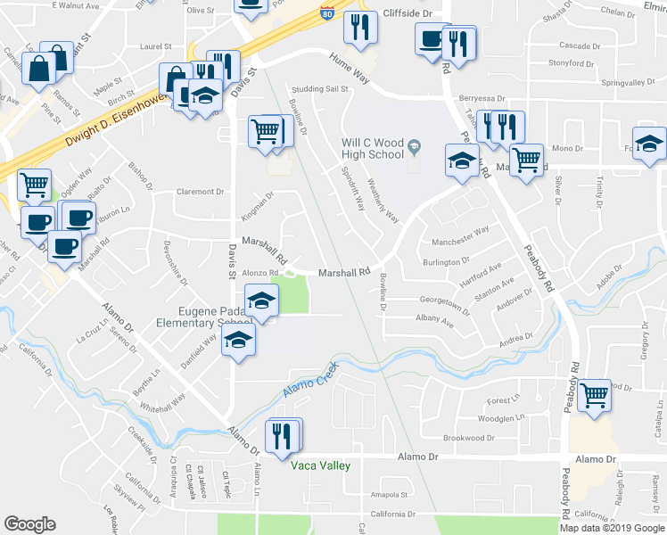 map of restaurants, bars, coffee shops, grocery stores, and more near 890 Kingman Drive in Vacaville