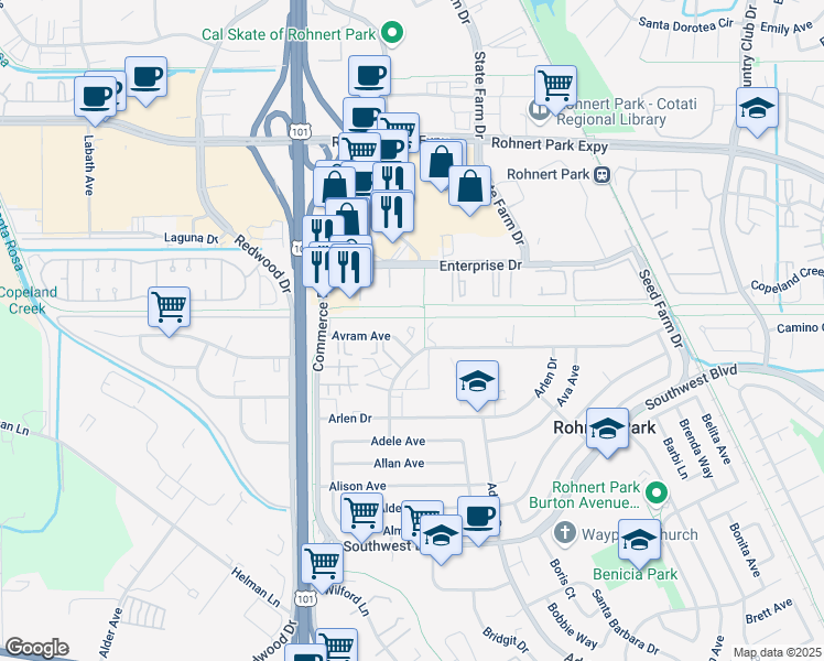 map of restaurants, bars, coffee shops, grocery stores, and more near in Rohnert Park