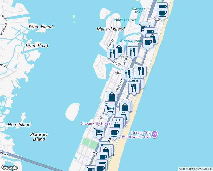 map of restaurants, bars, coffee shops, grocery stores, and more near 1111 Edgewater Avenue in Ocean City