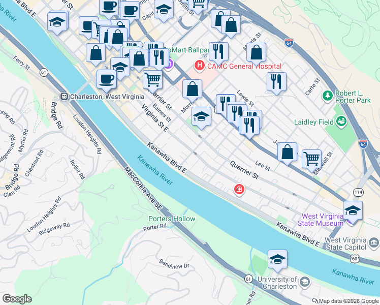 map of restaurants, bars, coffee shops, grocery stores, and more near 1325 Virginia Street East in Charleston