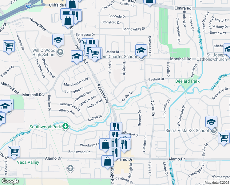 map of restaurants, bars, coffee shops, grocery stores, and more near 611 Trinity Drive in Vacaville
