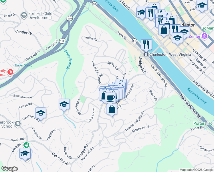 map of restaurants, bars, coffee shops, grocery stores, and more near 957 Ridgemont Rd in Charleston