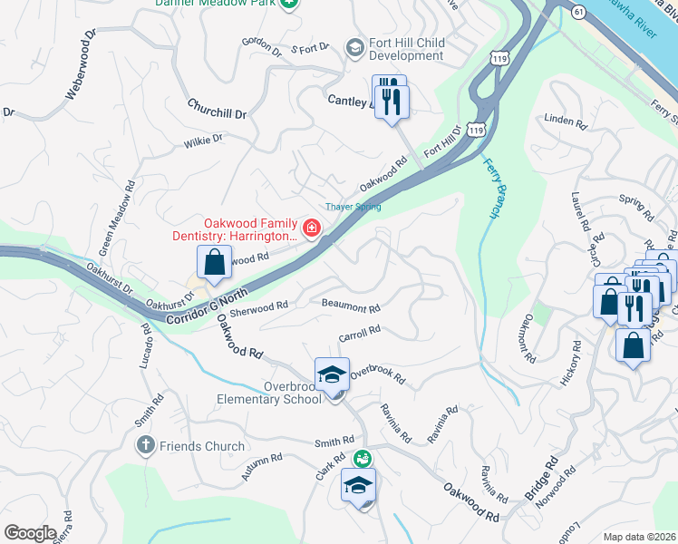 map of restaurants, bars, coffee shops, grocery stores, and more near 117 U.S. 119 in Charleston