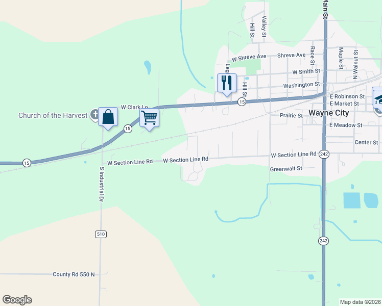 map of restaurants, bars, coffee shops, grocery stores, and more near 14 West Section Line Road in Wayne City